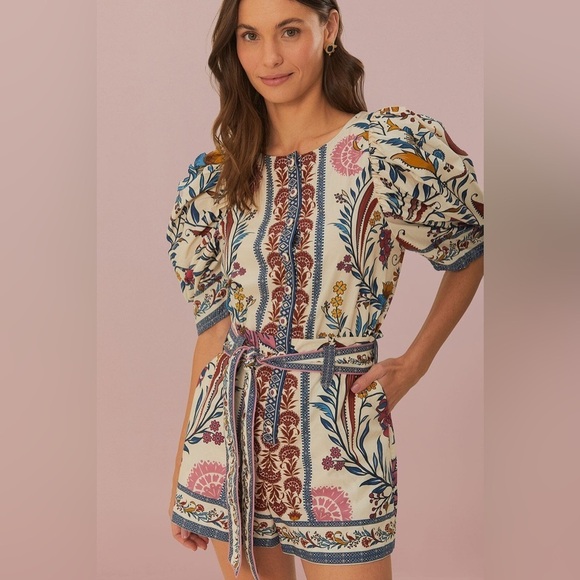FARM RIO -  NWOT Cream Romantic Lightness Belted Romper size S - Picture 1 of 11
